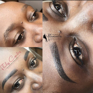 Healed PMU brows using Outlaw Brown pigment, rich dark brown permanent makeup eyebrow results on deeper skin tone after healing