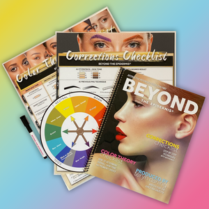 Beyond the Epidermis PMU color theory and corrections guide bundle with color wheel and worksheets on a pastel gradient background.