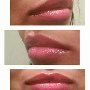 Healed lip blush results using Pink Coral Pop lip pigment, showing a glossy soft pink finish with enhanced lip shape, smooth saturation, and natural definition on multiple lip angles by PMU artist Leslie Niglio.
