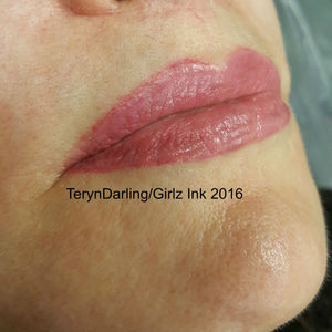 Healed permanent makeup lips using Pink Coral Pop and Berry Persistent lip pigments, showing a soft rosy pink finish with even color saturation and natural definition by Teryn Darling at Girlz Ink.