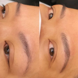 Close-up before and after of straight permanent makeup brows using Raven pigment, highlighting natural structure, symmetry, and healed brow tone.