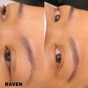 Before and after permanent makeup brows using Raven pigment, showing straight brow shape with soft, natural healed results on medium skin tone.