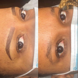 Permanent makeup eyebrow transformation using Raven brow pigment, featuring a straight brow style with even saturation and natural healed finish.