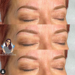 Healed PMU brows using Rawhide pigment, warm medium brown permanent makeup eyebrow results shown after healing