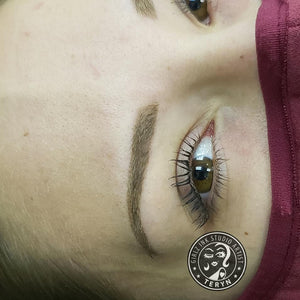 Healed PMU brows using Rawhide pigment, soft medium brown permanent makeup eyebrow results after healing, created by Girlz Ink Studio artist