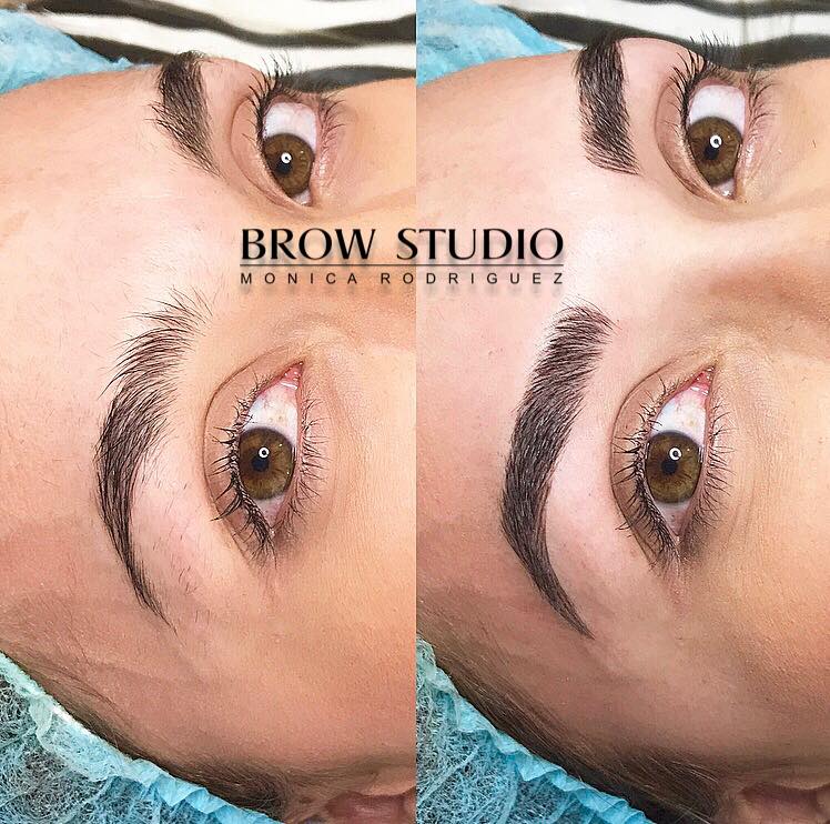 Before and after comparison of microbladed brows using Rich Brown from the Li Pigments Aqua collection. Created by Monica Rodriguez of Brow Studio, featuring warm-neutral tones that complement medium to olive complexions for soft, defined results