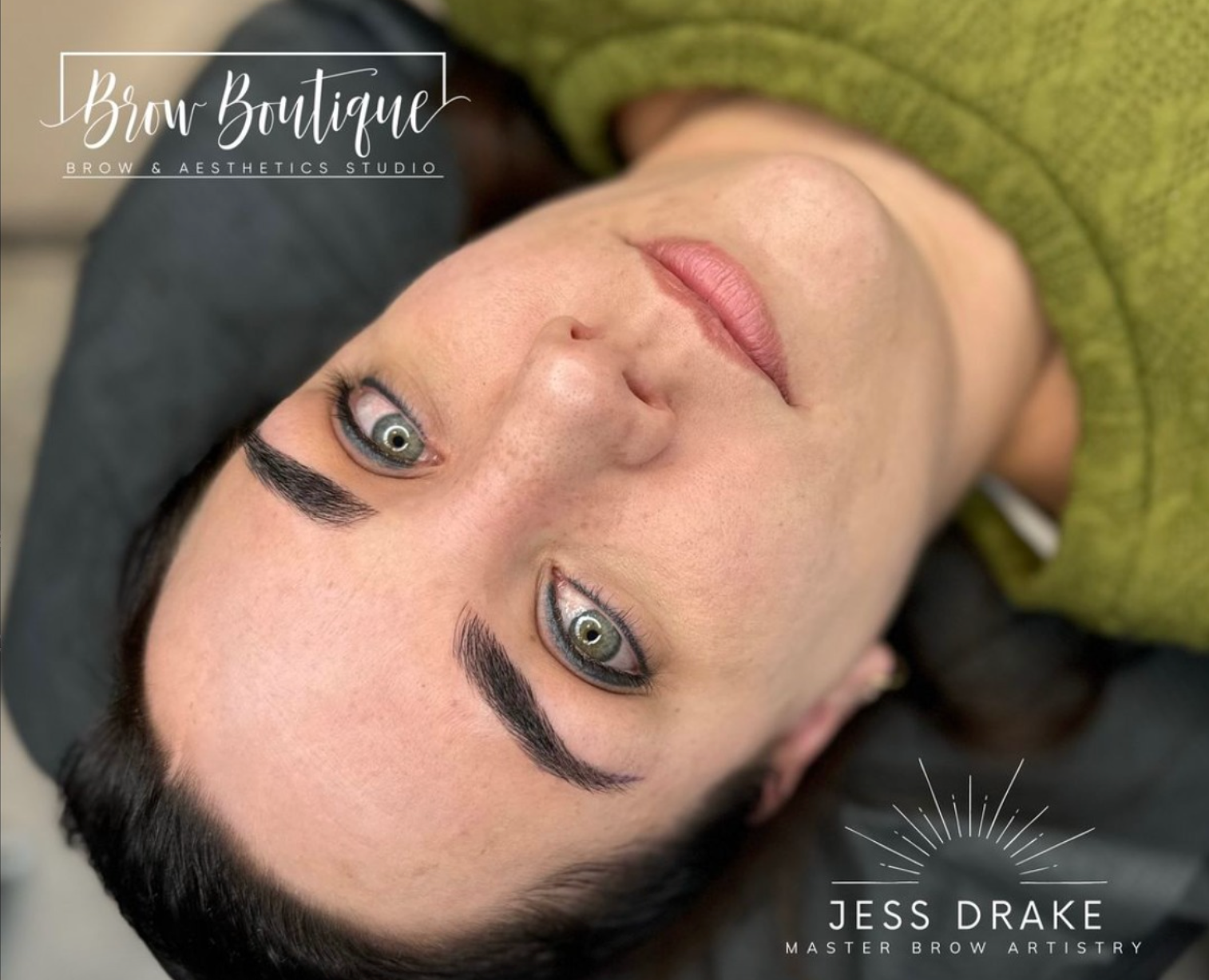 Client with perfectly defined brows created using Rich Brown pigment from the Li Pigments Aqua collection. PMU artist Jess Drake of Brow Boutique achieved a bold yet natural healed finish ideal for brunettes and medium-to-dark skin tones.