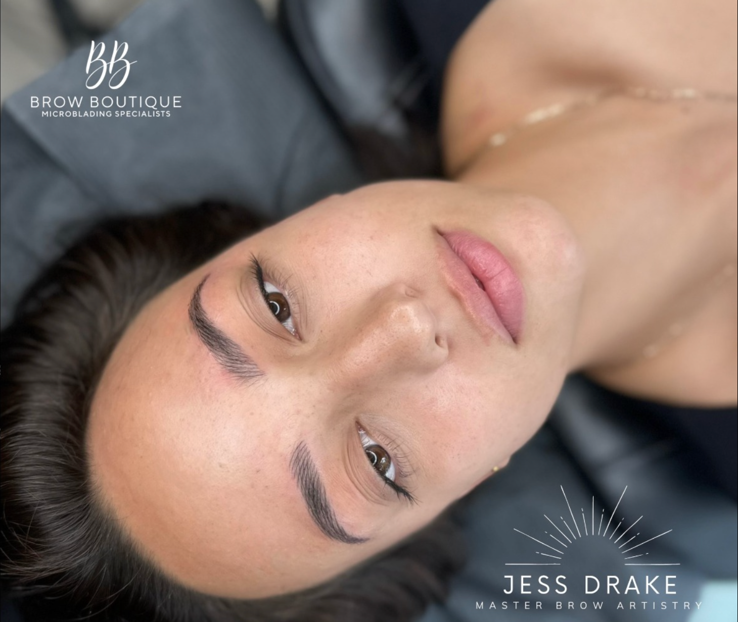 Client showcasing freshly done brows created with Rich Brown pigment from the Li Pigments Aqua collection. Work by Jess Drake of Brow Boutique, featuring balanced, natural-toned brows ideal for medium to deep skin tones and brunettes.