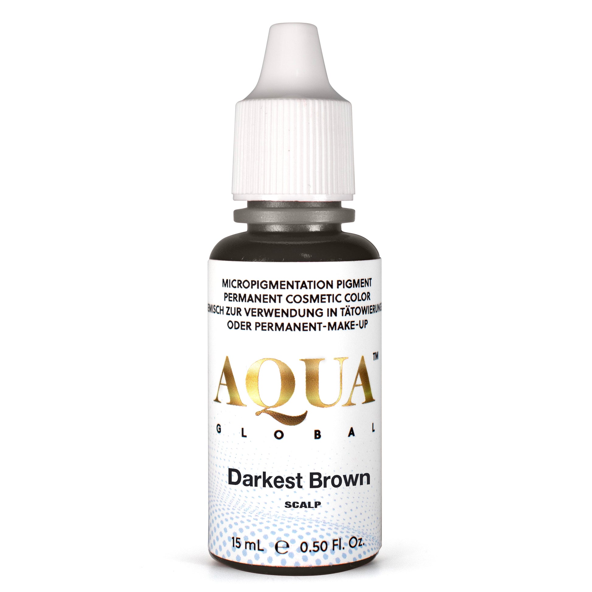 Bottle of Aqua Global Darkest Brown scalp pigment for SMP Pigment on a white background.