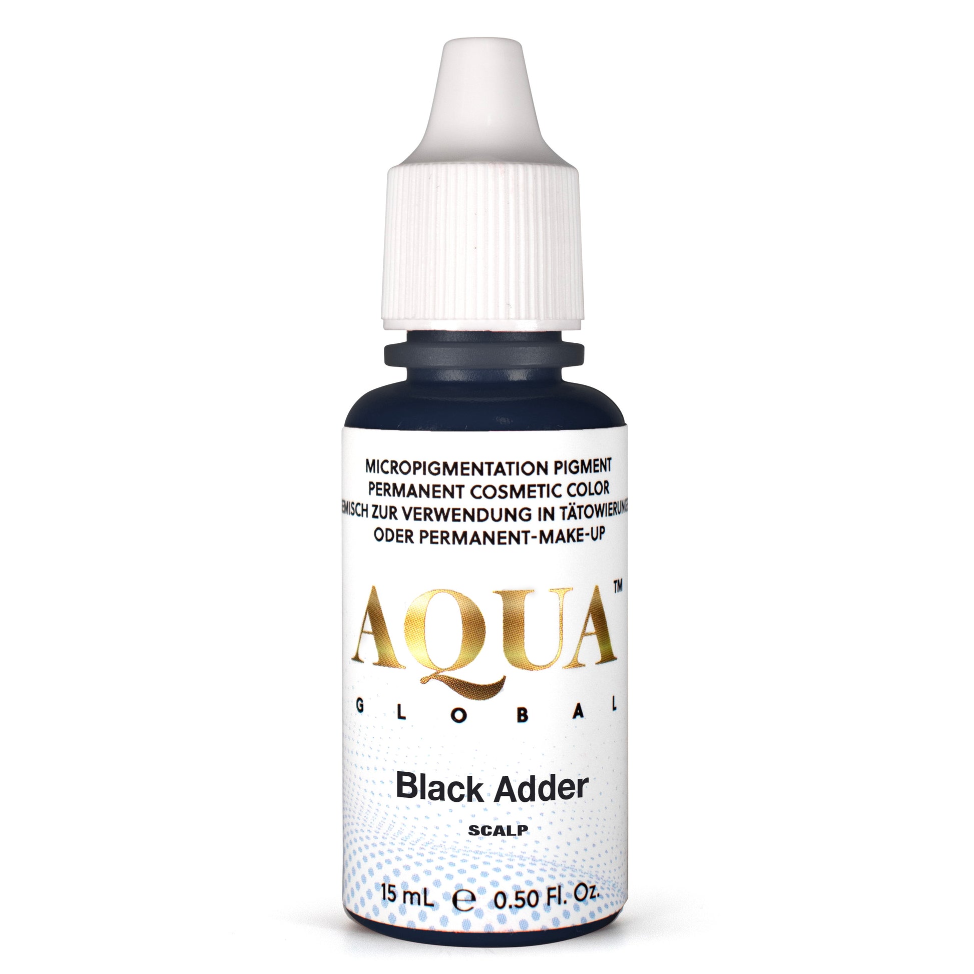 Bottle of Aqua Global Black Adder scalp pigment for permanent makeup on a white background. SMP Pigment.