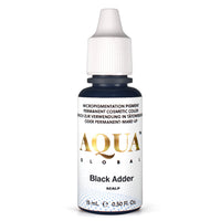 Bottle of Aqua Global Black Adder scalp pigment for permanent makeup on a white background. SMP Pigment.