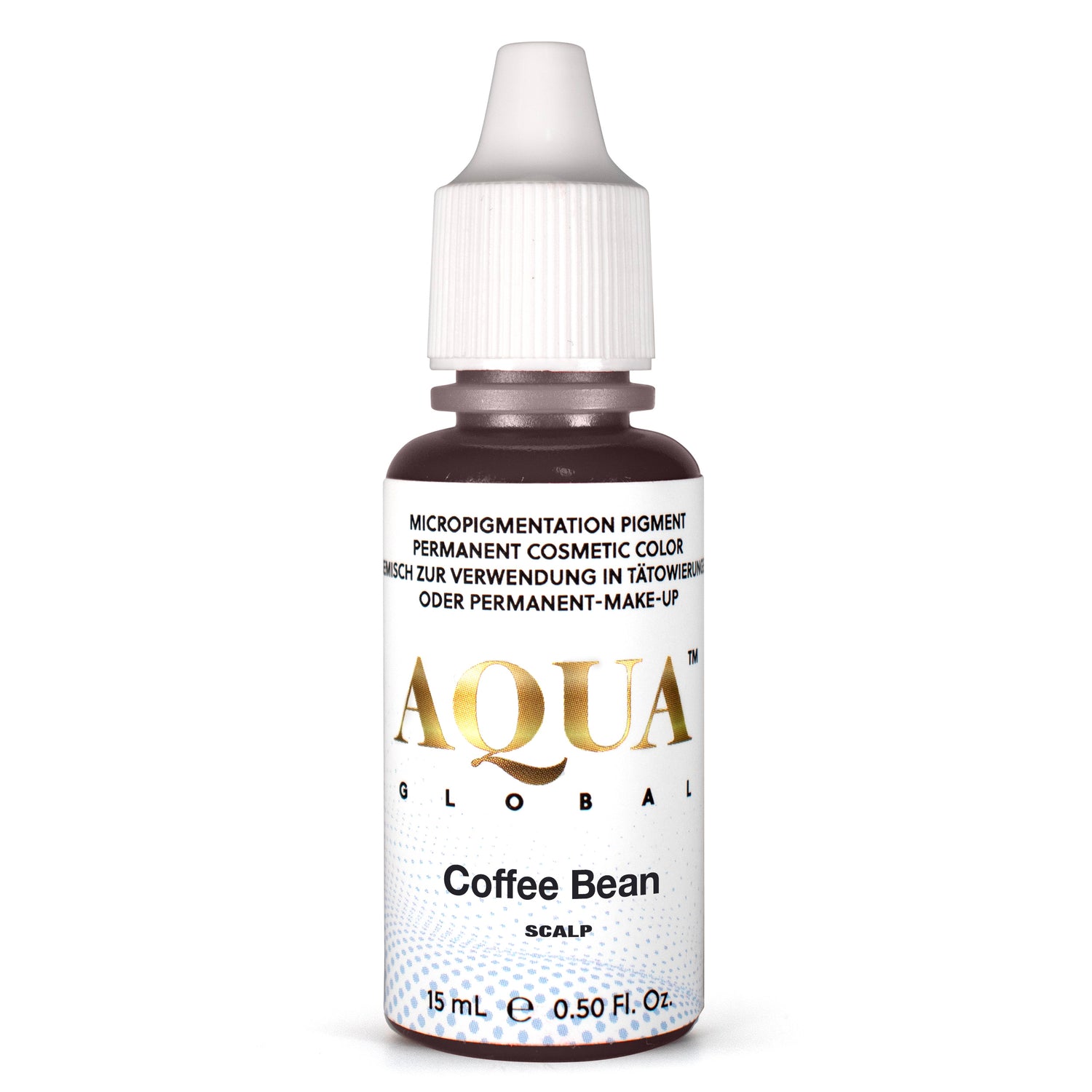 Bottle of Aqua Global Coffee Bean scalp pigment for permanent makeup on a white background.
