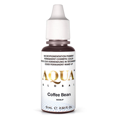 Bottle of Aqua Global Coffee Bean scalp pigment for permanent makeup on a white background.