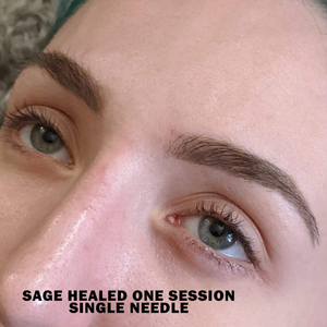 Healed PMU eyebrow results using Sage pigment, shown after one session with a single needle for soft, natural brow definition.