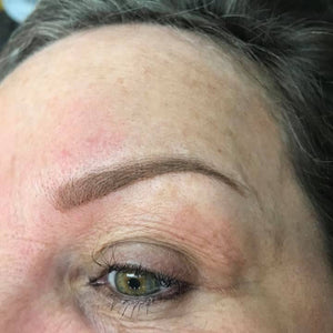 15-month healed powder ombré brow using Li Pigments Aqua Sandalwood by PMU artist Paula Fitzpatrick. Soft natural eyebrow shading with single needle and 5 mag technique.