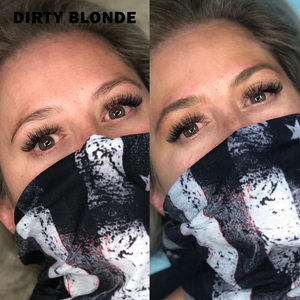 Before and after permanent makeup brows using Dirty Blonde pigment, showing soft healed brow color and natural definition on light to medium skin tone.
