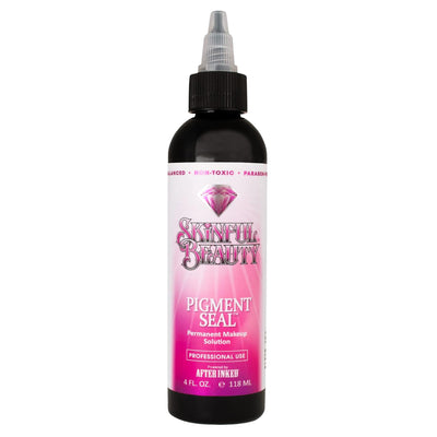 Single bottle of Skinful Beauty Pigment Seal, a 4-ounce professional permanent makeup aftercare solution used to calm the skin, minimize redness, and enhance pigment color retention after PMU procedures. Displayed on a white background with pink gradient label.