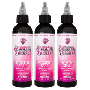 Three bottles of Skinful Beauty Pigment Seal, a professional permanent makeup aftercare solution designed to soothe the skin, reduce irritation, and lock in pigment color after PMU procedures. Shown on a white background with pink gradient labels.