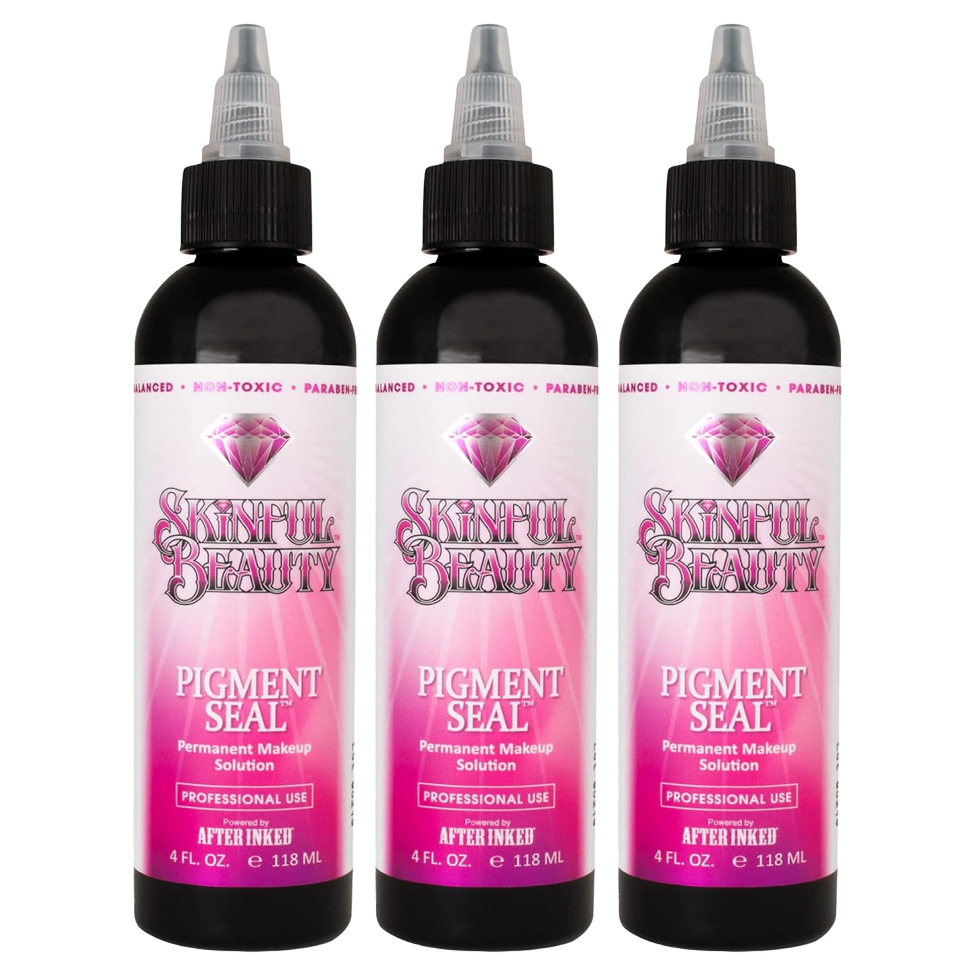 Three bottles of Skinful Beauty Pigment Seal, a professional permanent makeup aftercare solution designed to soothe the skin, reduce irritation, and lock in pigment color after PMU procedures. Shown on a white background with pink gradient labels.