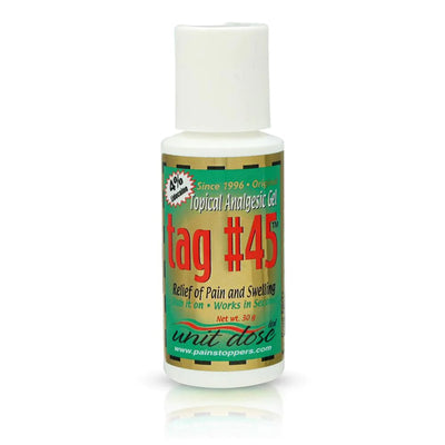 Tag #45 topical anesthetic gel bottle used for permanent makeup and tattoo procedures, 1 oz size.