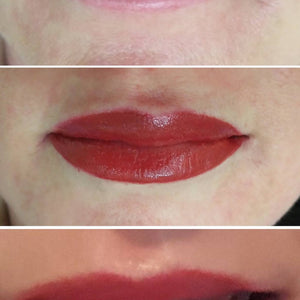 Three-stage lip transformation using Tabasco pigment by Samantha Nee French, showing natural pale lips before, bold red lip blush immediately after, and softened healed lip color in the final result.