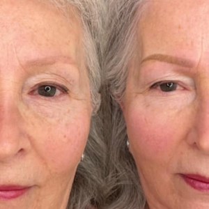 Before and after results of permanent eyebrows created with Taupe and a drop of Chocolate Truffle from the Li Pigments Aqua collection by Meredith Nicole. The custom blend adds warmth and depth, ideal for mature clients or those with gray hair seeking soft, natural definition.