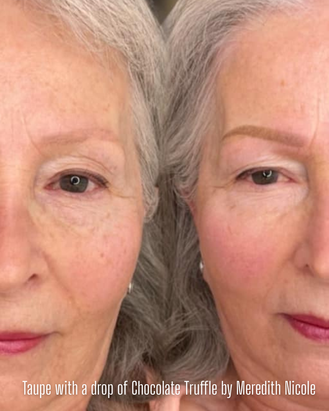 Before and after results of permanent eyebrows created with Taupe and a drop of Chocolate Truffle from the Li Pigments Aqua collection by Meredith Nicole. The custom blend adds warmth and depth, ideal for mature clients or those with gray hair seeking soft, natural definition.