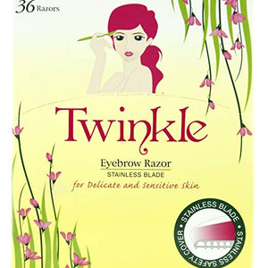 Packaging for Twinkle Eyebrow Razor featuring stainless steel blades and a 36-count box.