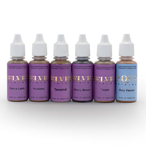 Set of six Velvet and Aqua microblading pigments including Creme Latte, Hazelnut, Tamarind, Ebony Brown, Taupe, and Gray Vanish, displayed on a white background.