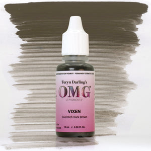 Teryn Darling’s OMG Lip Pigments Vixen, a cool rich dark brown PMU pigment bottle shown with a color swatch on white background.