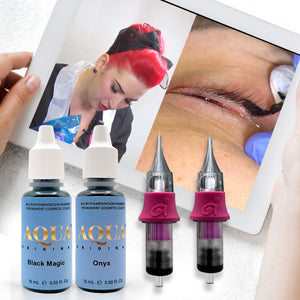 Winged eyeliner PMU bundle featuring Aqua Onyx and Black Magic pigments, round liner cartridges, and a tablet showing an artist performing permanent eyeliner.