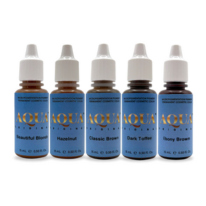 Aqua Original PMU pigment kit featuring Beautiful Blonde, Hazelnut, Classic Brown, Dark Toffee, and Ebony Brown