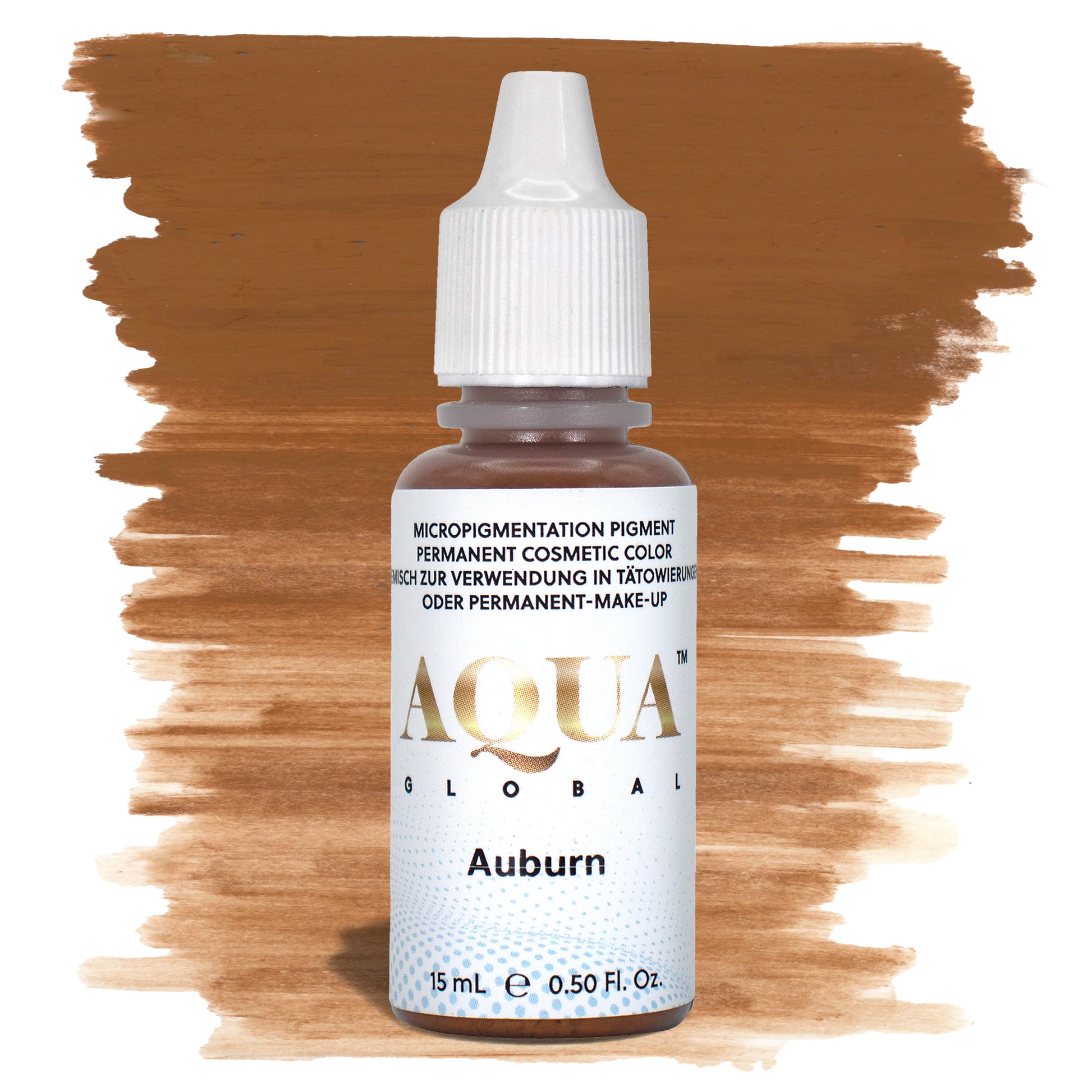 Aqua Auburn PMU brow pigment in a warm reddish-brown shade, ideal for ginger, auburn, or strawberry blonde clients seeking natural eyebrow color matching.