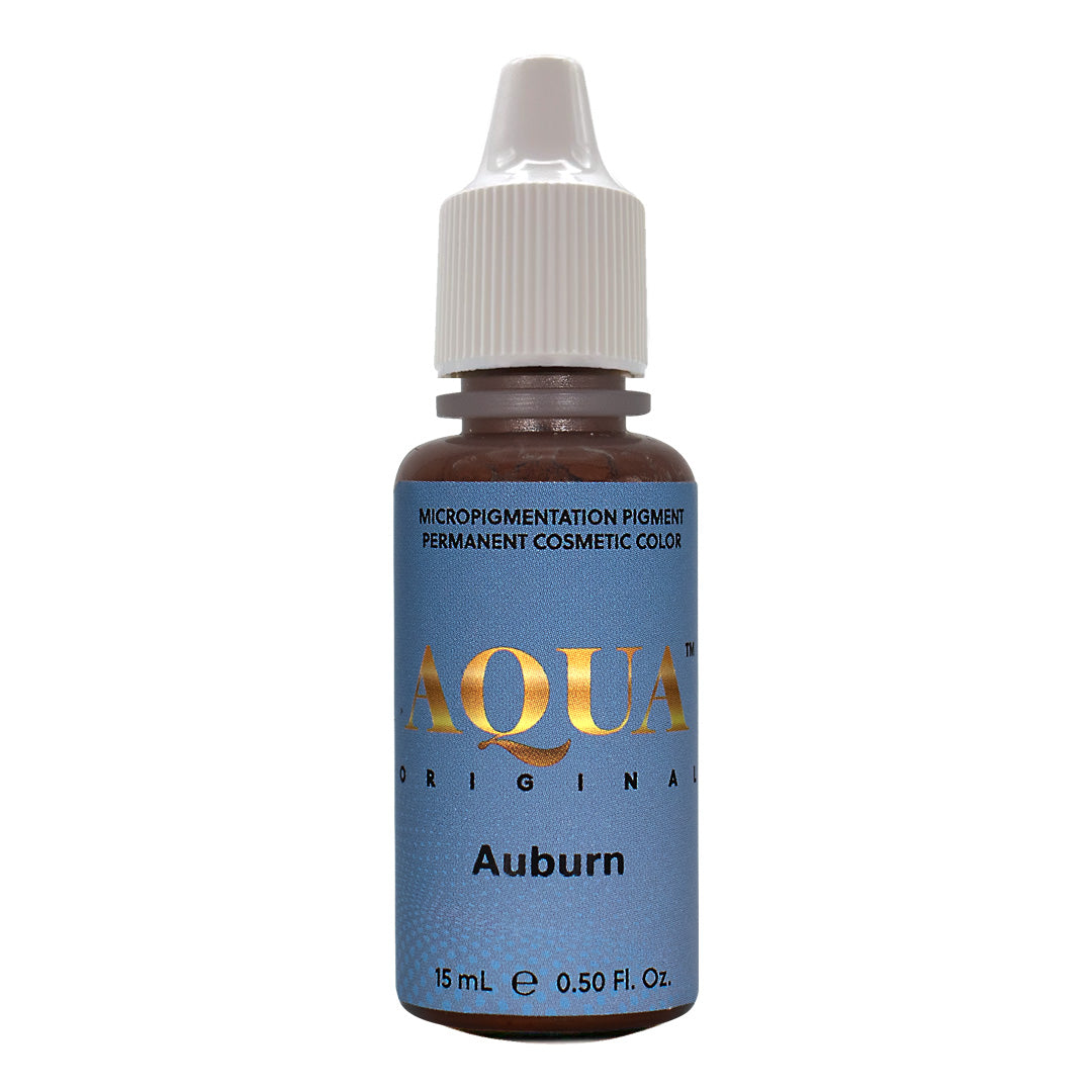 Aqua Auburn Pigment – 15mL bottle of warm reddish-brown permanent makeup pigment for brows and color correction.
