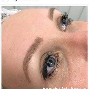 Healed brow result using Aqua Beautiful Blonde pigment by Beauty Ink Brows – soft, natural blonde tone after one session with no modifier.