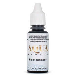 Close-up of Aqua Black Diamond pigment bottle for bold permanent eyeliner results.
