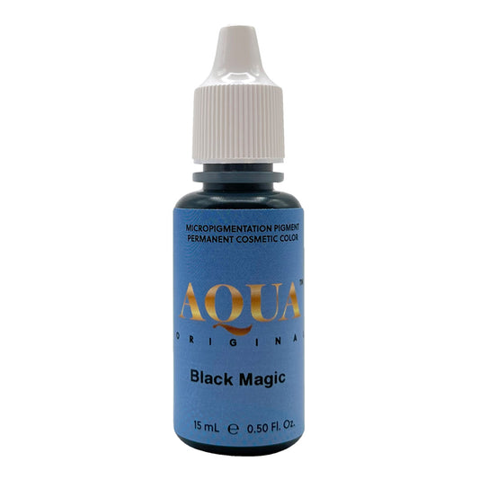 Aqua Black Magic Pigment – 15mL bottle of intense deep black pigment for eyeliner and brow corrections, ideal for high-definition PMU.