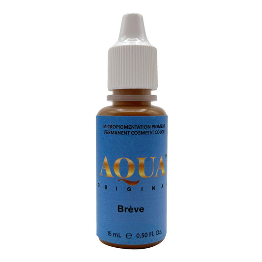 Bottle of Aqua Brève pigment—warm, golden brown PMU pigment ideal for light to medium skin tones.