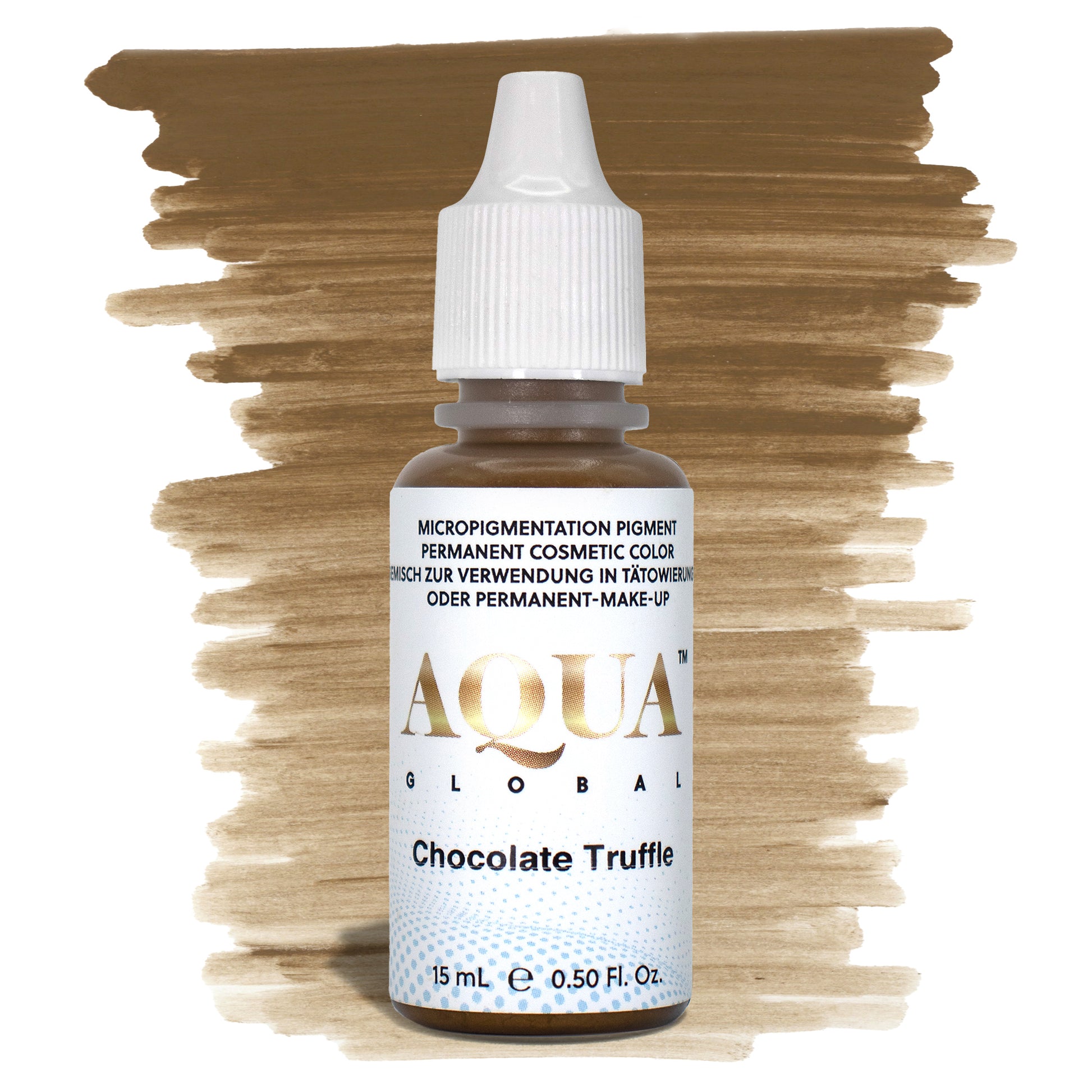 Aqua Chocolate Truffle PMU brow pigment in a neutral dark brown shade, ideal for deeper brows on Fitzpatrick 3–5 clients with balanced undertones.