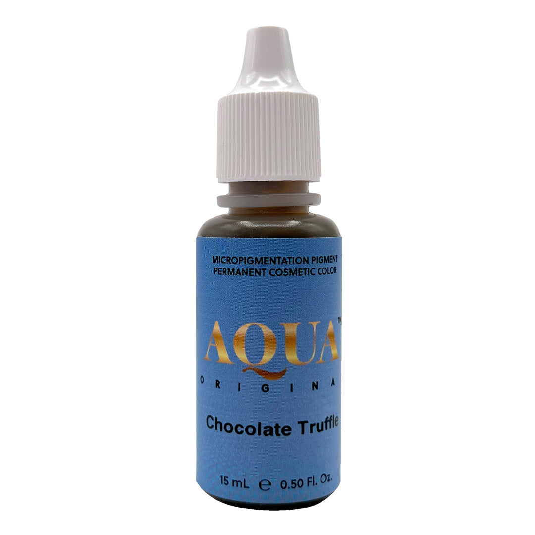 Aqua Original Chocolate Truffle PMU pigment bottle – a rich, neutral brunette pigment designed for eyebrow tattooing on Fitzpatrick 1-4 skin tones.