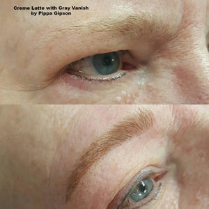 Healed brow correction using Aqua Creme Latte with Gray Vanish by Pippa Gipson on cool-toned mature skin.