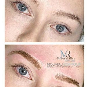 Healed nano brows created using Aqua Creme Latte pigment by Mary Ritcherson on blonde client with cool skin tone.


