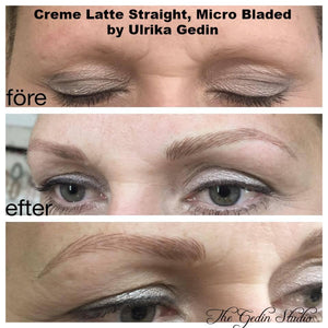 Healed microbladed brows using Aqua Creme Latte by Ulrika Gedin, perfect for fair clients needing soft warm blonde tones.