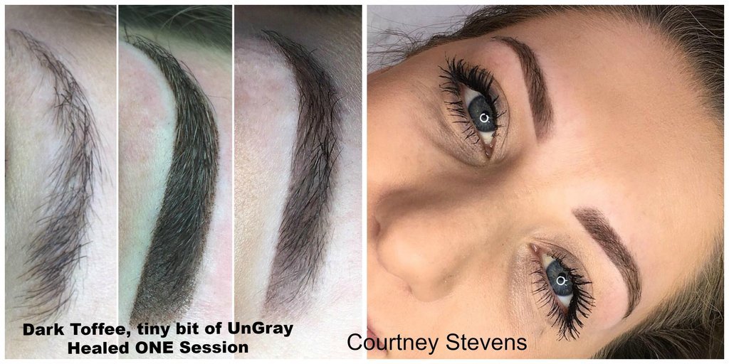 Before and after photo of brows healed with Aqua Dark Toffee, artist Courtney Stevens.