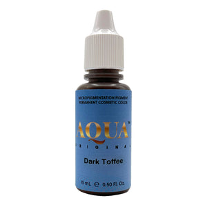 Aqua Dark Toffee permanent makeup pigment bottle – rich dark brown tone, ideal for brows.