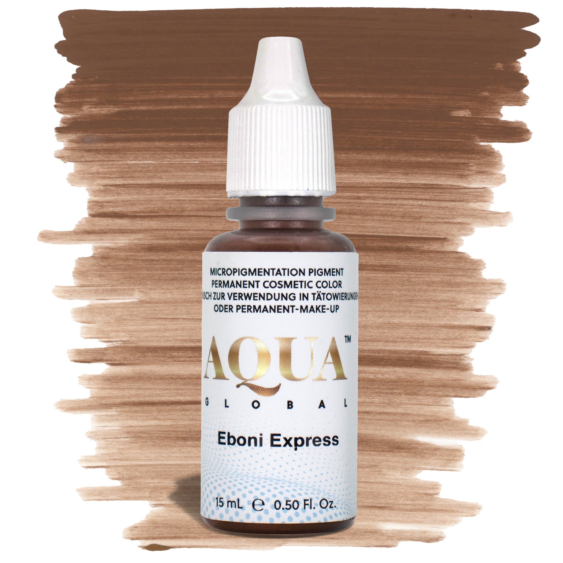 Aqua Eboni Express PMU brow pigment in a deep cool brown shade, formulated for rich dark brows on Fitzpatrick 5–6 clients or for adding depth in neutralizing mixes.