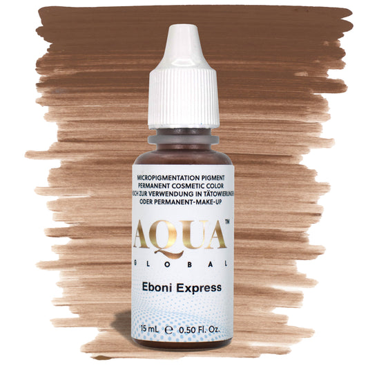 Aqua Eboni Express PMU brow pigment in a deep cool brown shade, formulated for rich dark brows on Fitzpatrick 5–6 clients or for adding depth in neutralizing mixes.