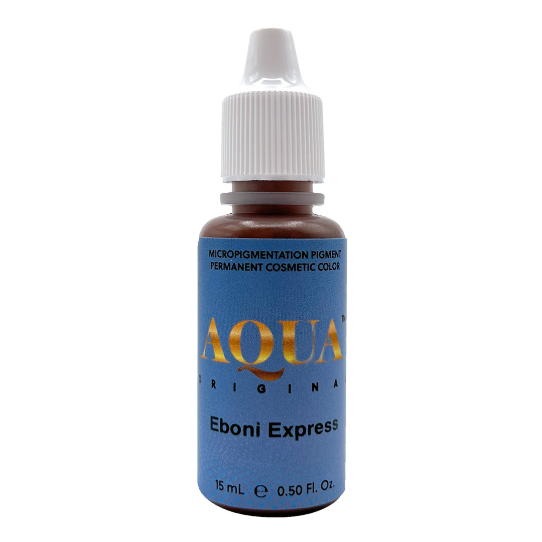 Aqua Original Eboni Express pigment bottle for permanent makeup, ideal for rich, dark brown eyebrow tattoos.