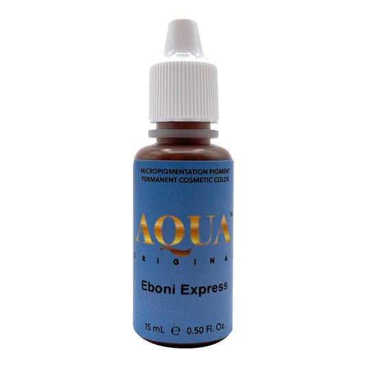 Aqua Original Eboni Express pigment bottle for permanent makeup, ideal for rich, dark brown eyebrow tattoos.