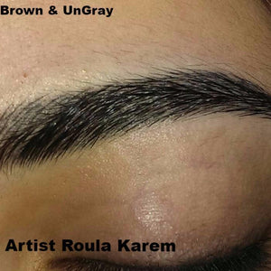 Healed brow using Aqua Ebony Brown and UnGray on a client with medium skin tone, done by artist Roula Karem.